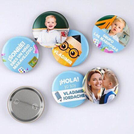 Lote de 6 chapas personalizadas con fotos y mensaje - Vuelta al cole