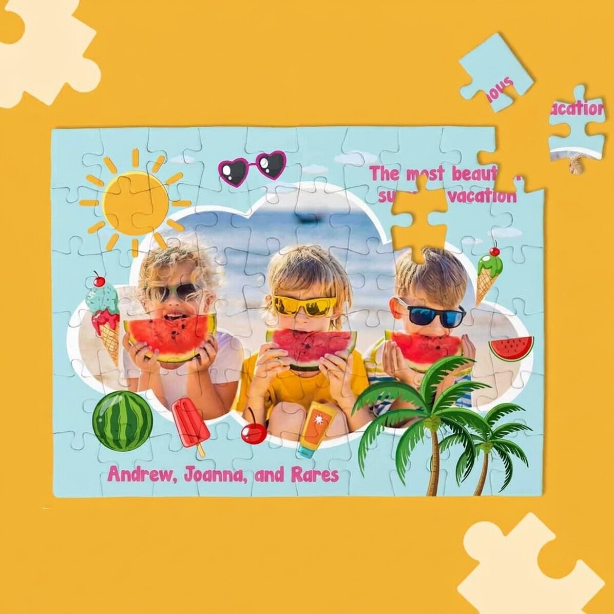 Rompecabezas personalizado para niños con una foto y un texto: «Vacaciones de verano»