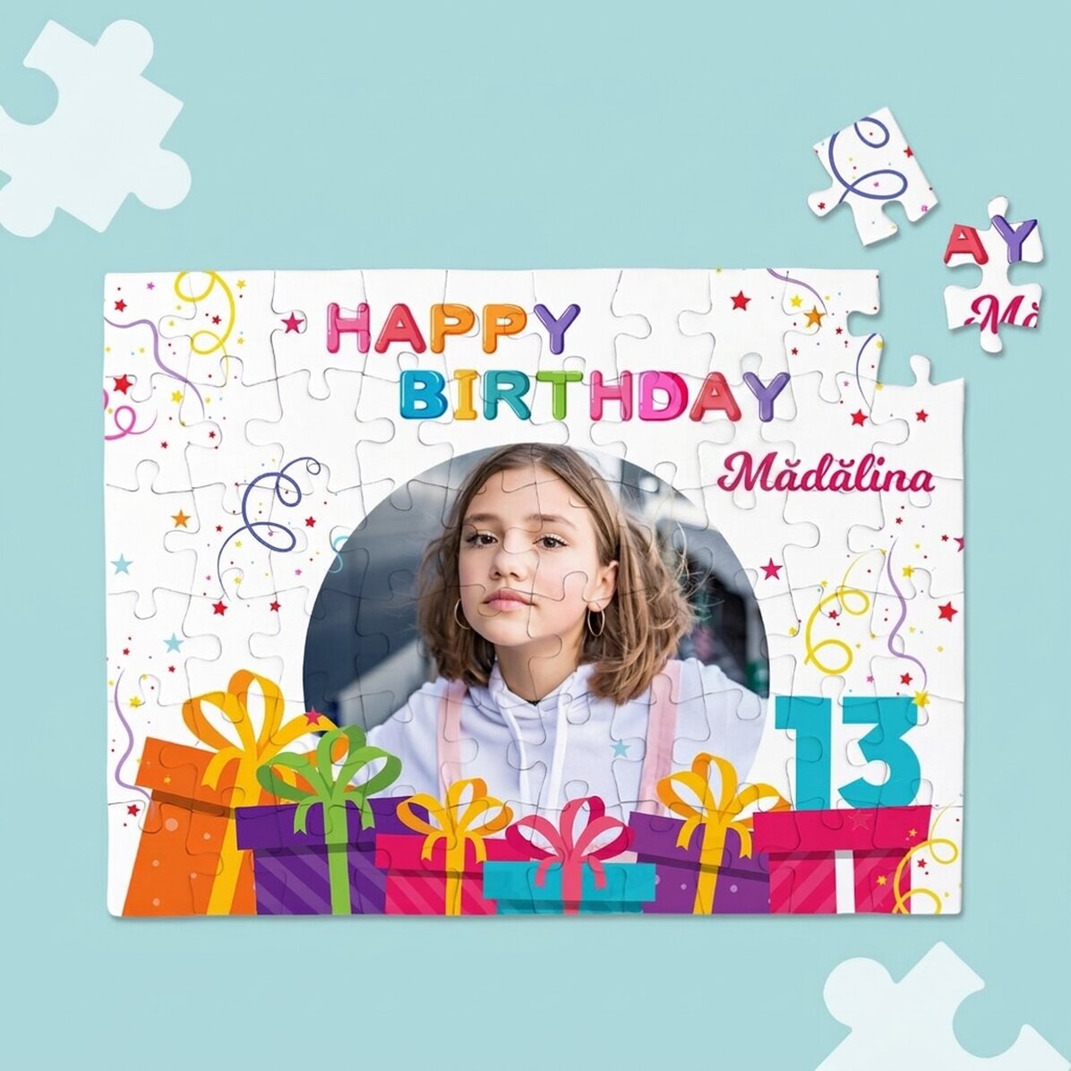 Rompecabezas personalizado con una foto y un mensaje: «Feliz cumpleaños»