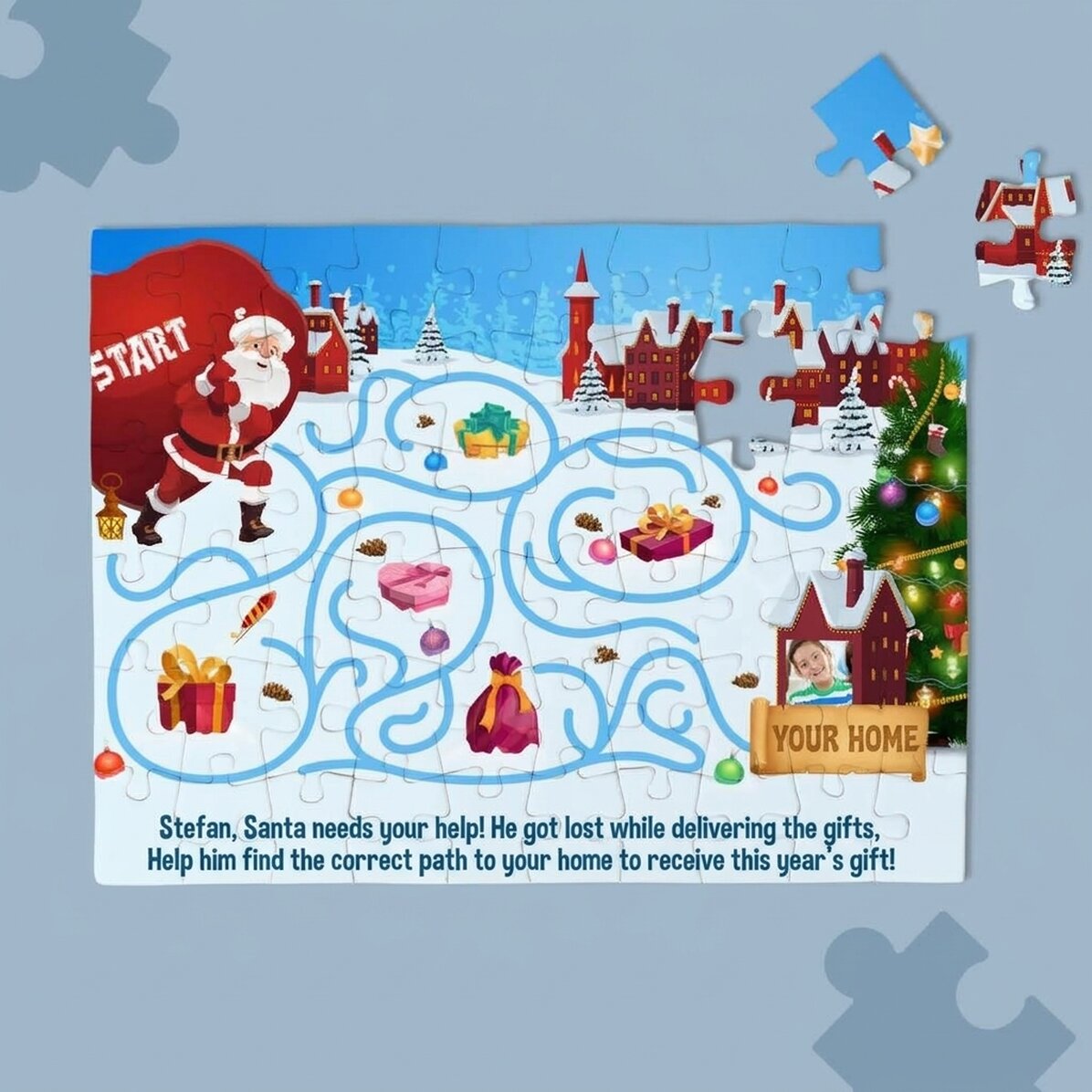 Rompecabezas personalizado para niños con una foto y un texto: «El camino de Papá Noel»