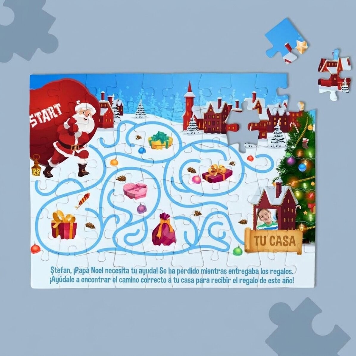 Rompecabezas personalizado para niños con una foto y un texto: «El camino de Papá Noel»