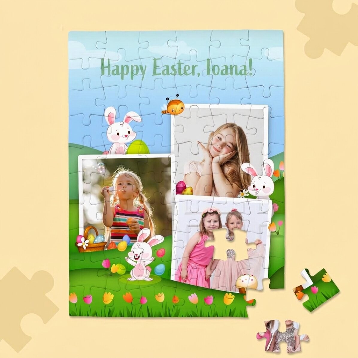 Rompecabezas personalizado para niños con 3 fotos y texto: ¡Feliz Pascua!