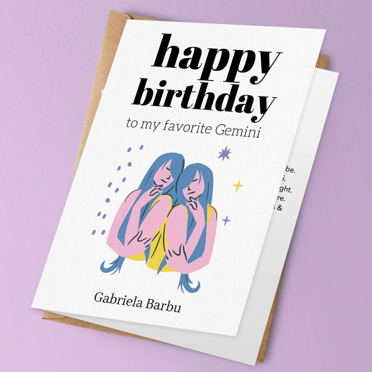 Tarjeta de felicitación personalizada con texto - Signo de Géminis