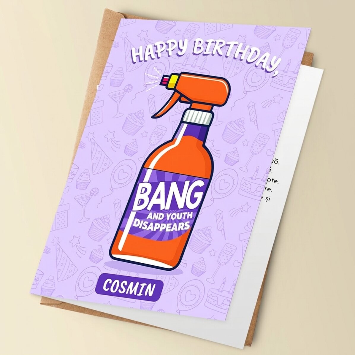 Tarjeta de felicitación personalizada con texto: «¡BANG! Y la juventud se esfuma»