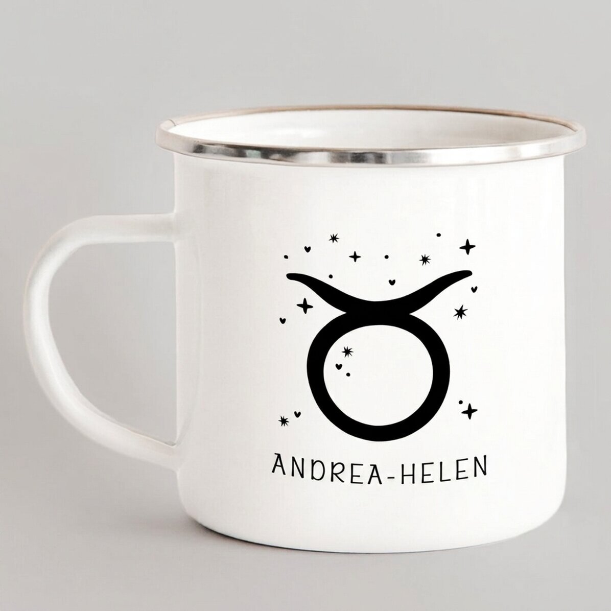 Taza metálica esmaltada personalizada con mensaje - Signo del Tauro