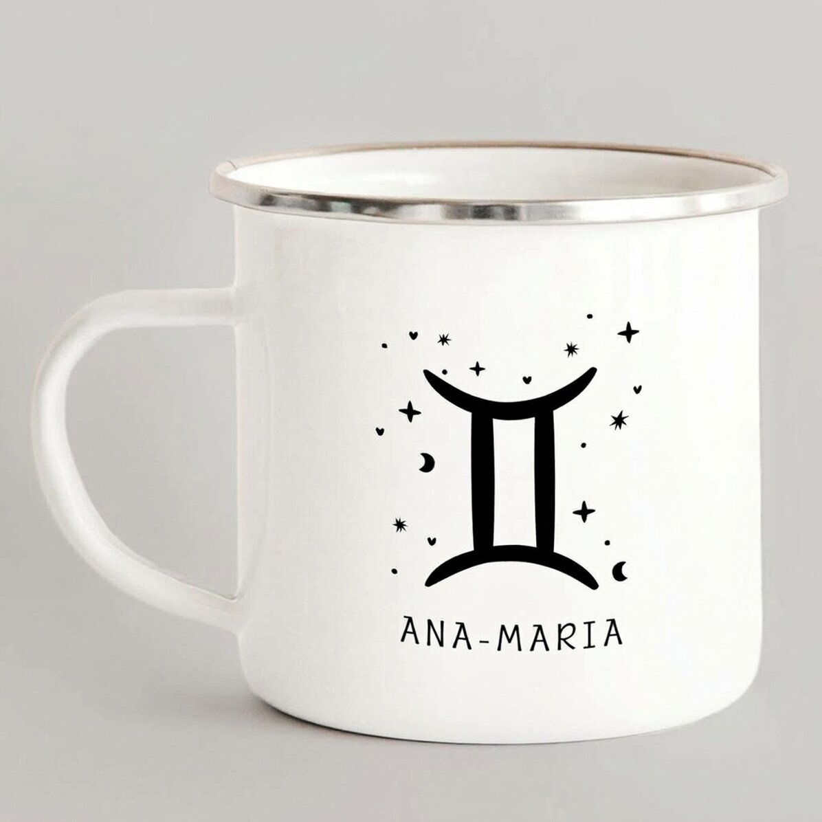 Taza metálica esmaltada personalizada con mensaje - Signo de Géminis