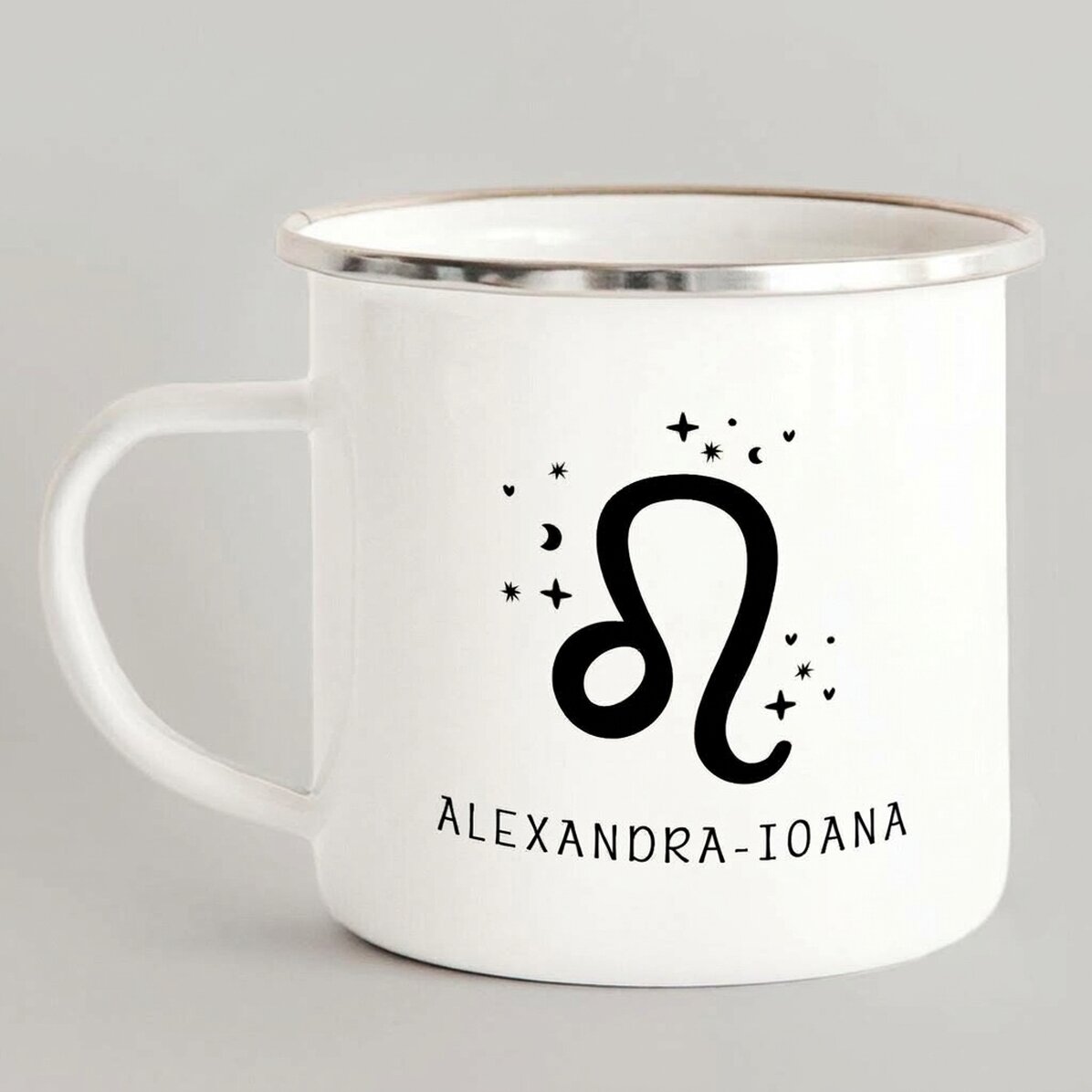 Taza metálica esmaltada personalizada con mensaje - Signo del Leo