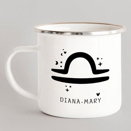 Personalised enamel metal mug with message - Libra zodiac sign