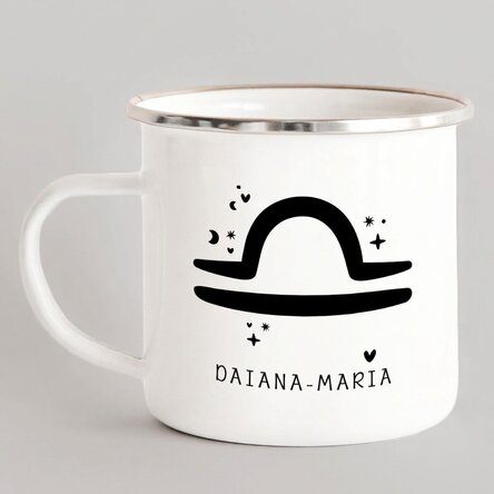 Taza metálica esmaltada personalizada con mensaje - Signo del Zodiaco: Libra