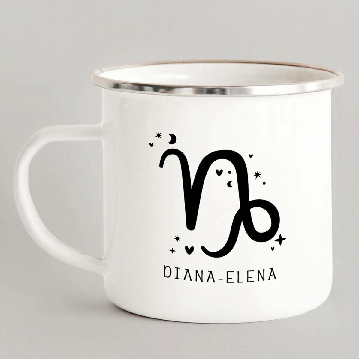 Taza metálica esmaltada personalizada con mensaje - Signo del Capricornio
