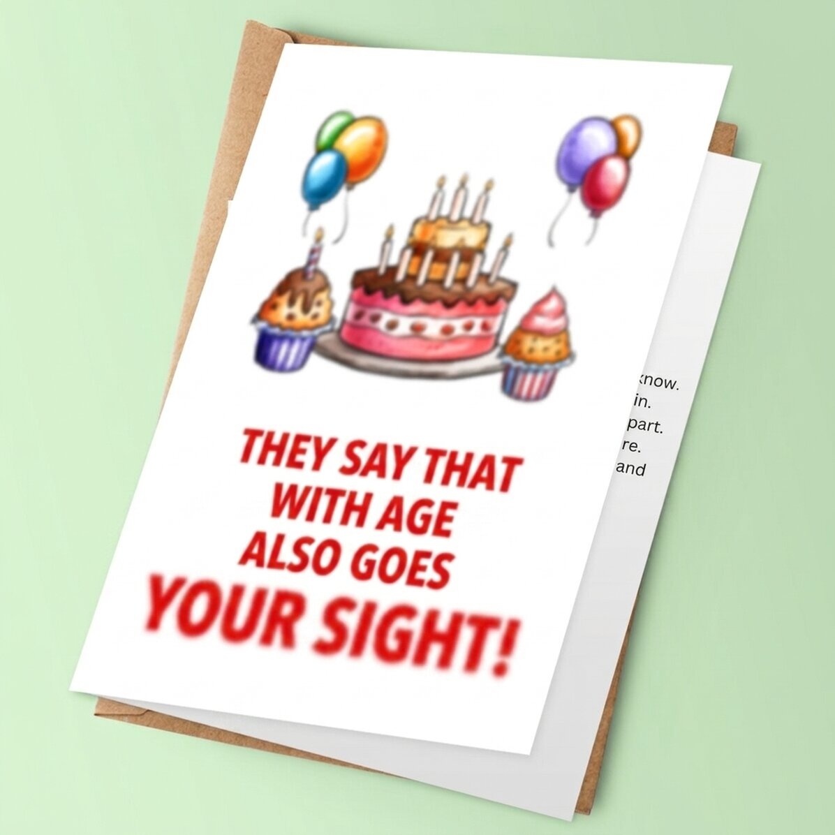 Tarjeta de felicitación personalizada con texto: «Con la edad, también se va la vista»
