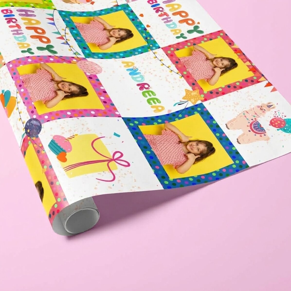 Papel de regalo personalizado con texto y foto - Feliz cumpleaños - Rosa