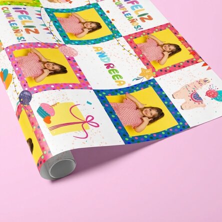 Papel de regalo personalizado con texto y foto - Feliz cumpleaños - Rosa