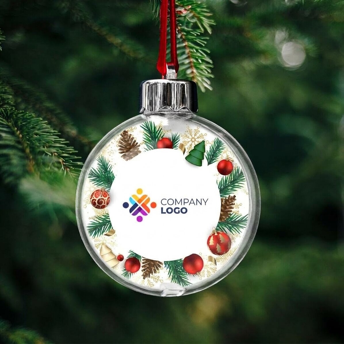 Bola de Navidad personalizada por ambos lados con logotipo y mensaje: ¡Felices fiestas!