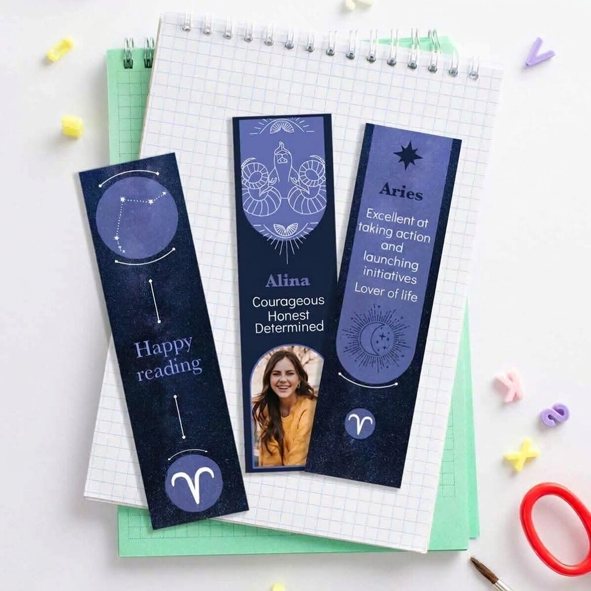 Lote de 3 marcapáginas personalizados con mensaje y foto - Signo del Aries
