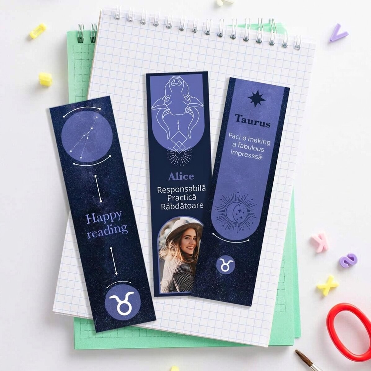 Lote de 3 marcapáginas personalizados con mensaje y foto - Signo del Tauro