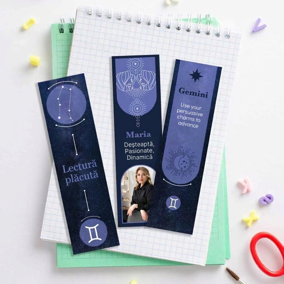 Lote de 3 marcapáginas personalizados con mensaje y foto - Signo de Géminis