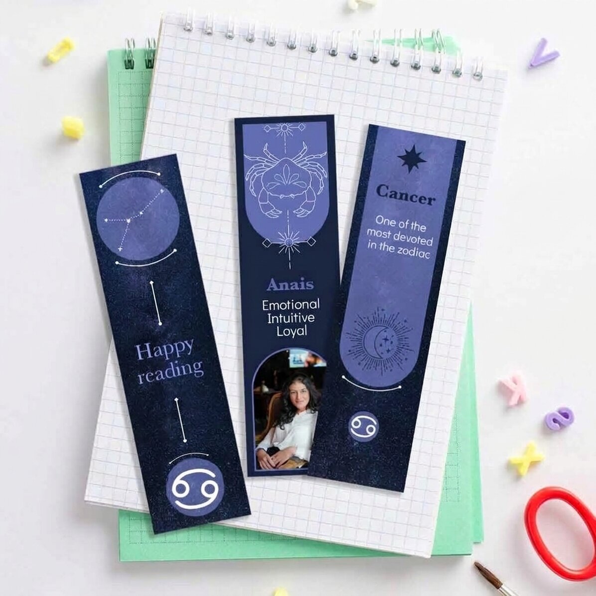 Lote de 3 marcapáginas personalizados con mensaje y foto - Signo del Cáncer