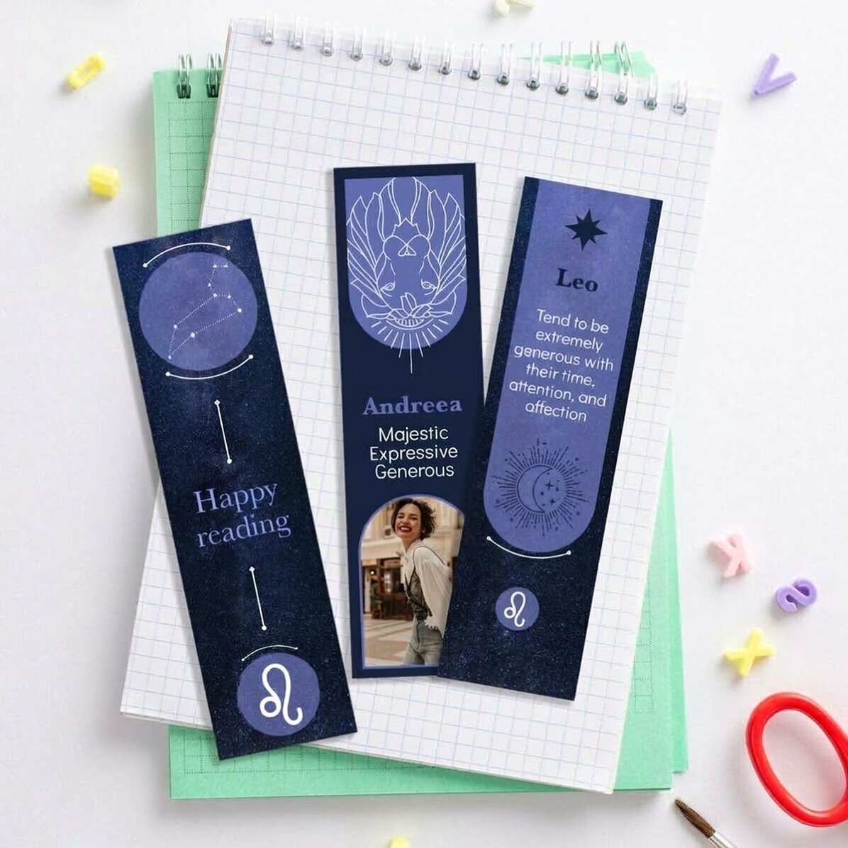 Lote de 3 marcapáginas personalizados con mensaje y foto - Signo del Leo