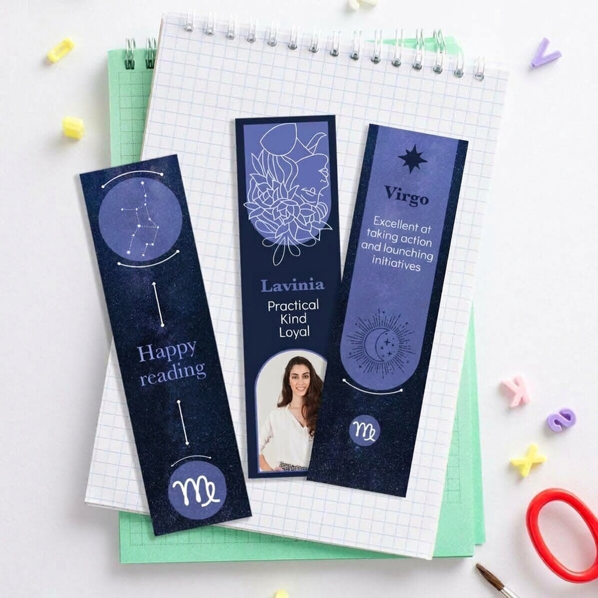 Lote de 3 marcapáginas personalizados con mensaje y foto - Signo de Virgo