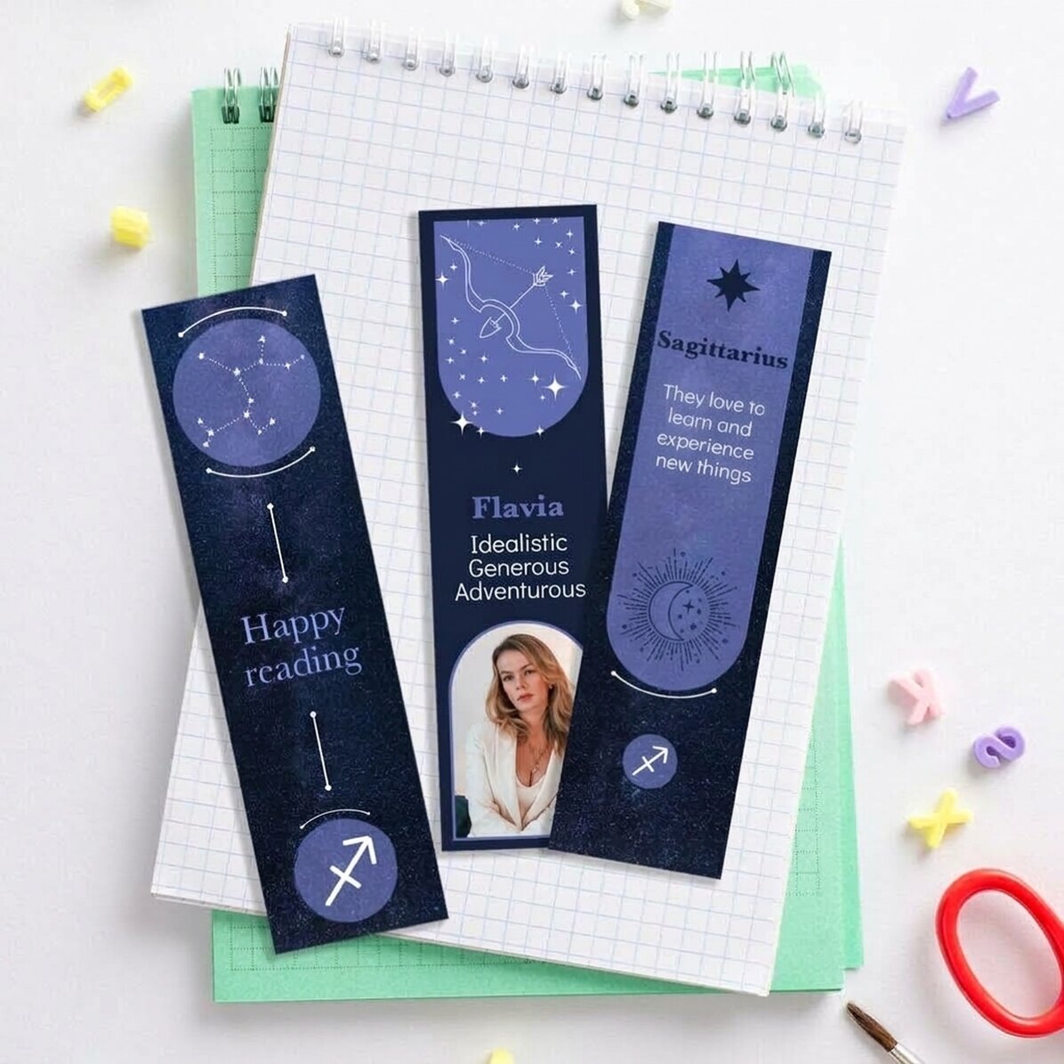Lote de 3 marcapáginas personalizados con mensaje y foto - Signo del Sagitario