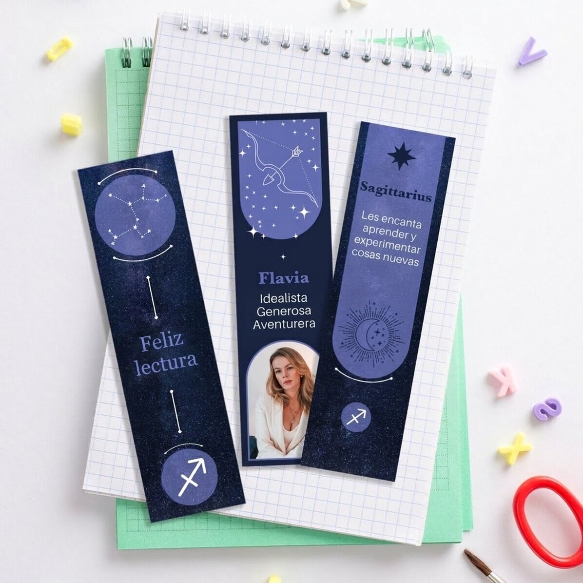 Lote de 3 marcapáginas personalizados con mensaje y foto - Signo del Sagitario
