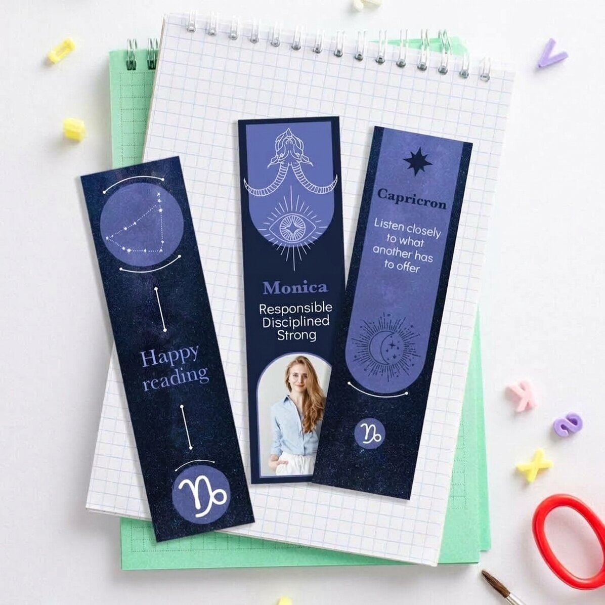 Lote de 3 marcapáginas personalizados con mensaje y foto - Signo del Capricornio
