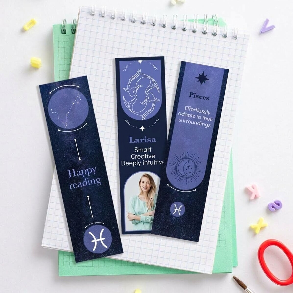 Lote de 3 marcapáginas personalizados con mensaje y foto - Signo de Piscis