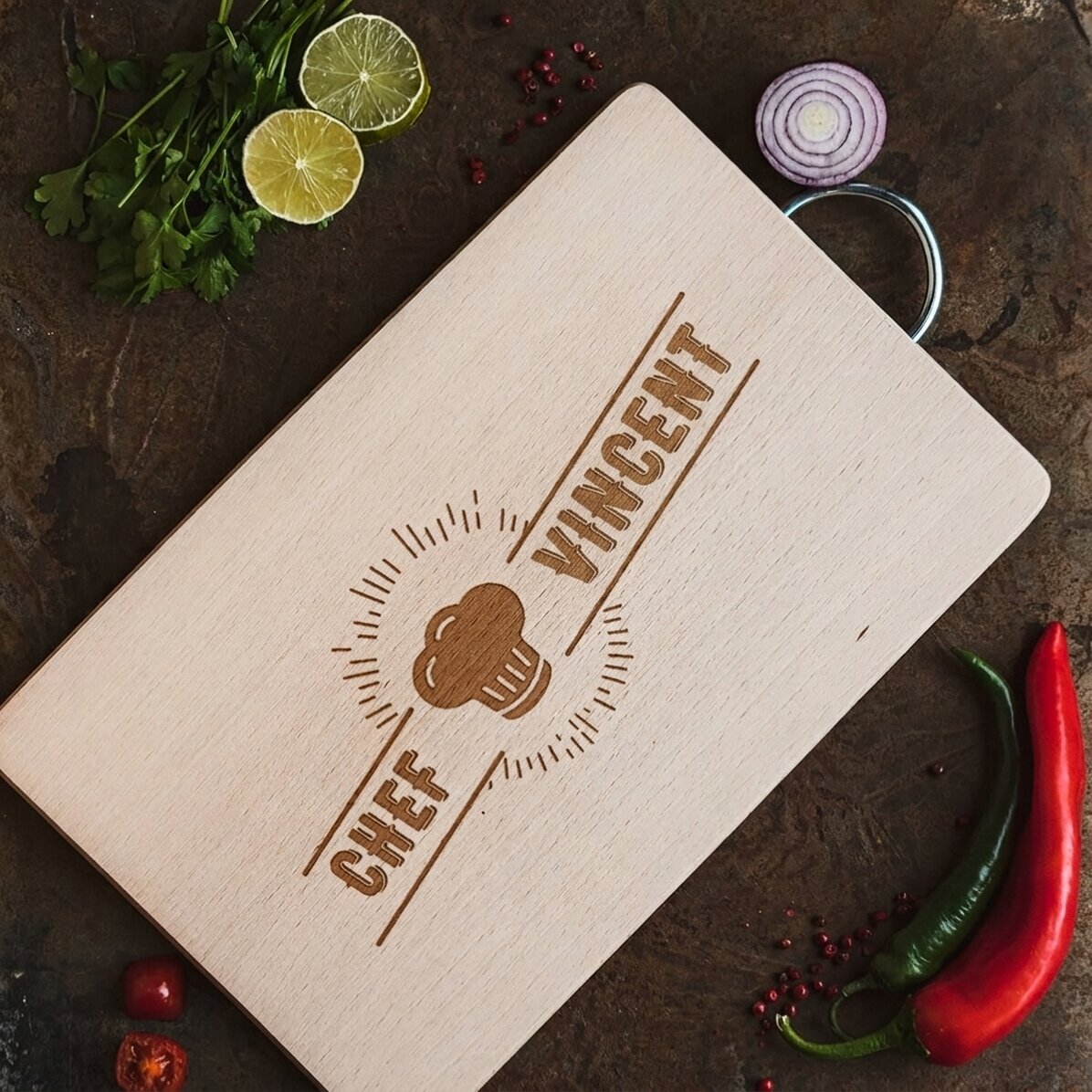 Tabla de cortar personalizada con texto: «Chef profesional»
