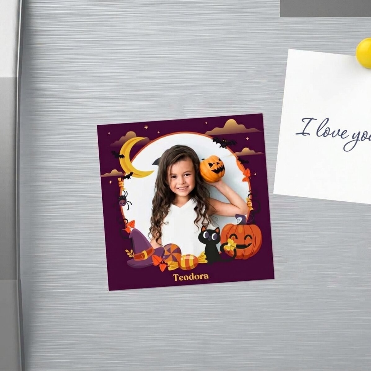 Imán de 10x10 personalizado con una foto y un texto: «Happy Halloween»