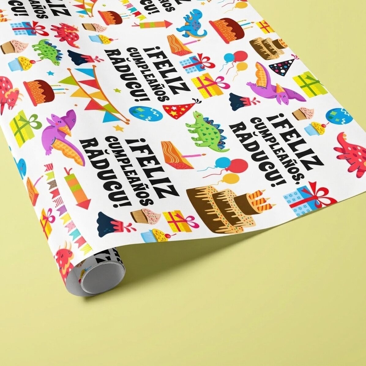 Papel de regalo personalizado con texto - La fiesta de los dinosaurios