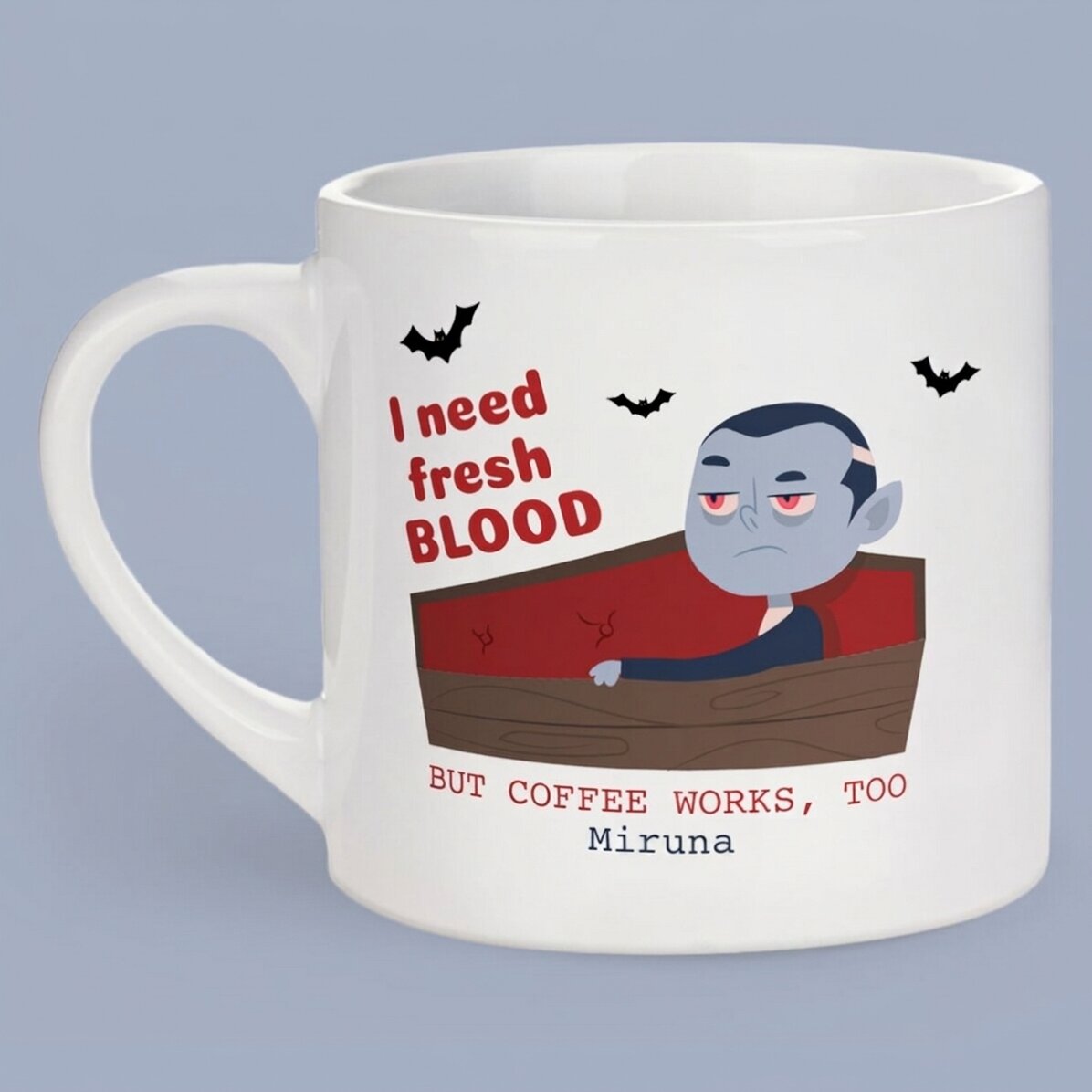 Taza de café espresso personalizada con mensaje: «I need fresh blood»