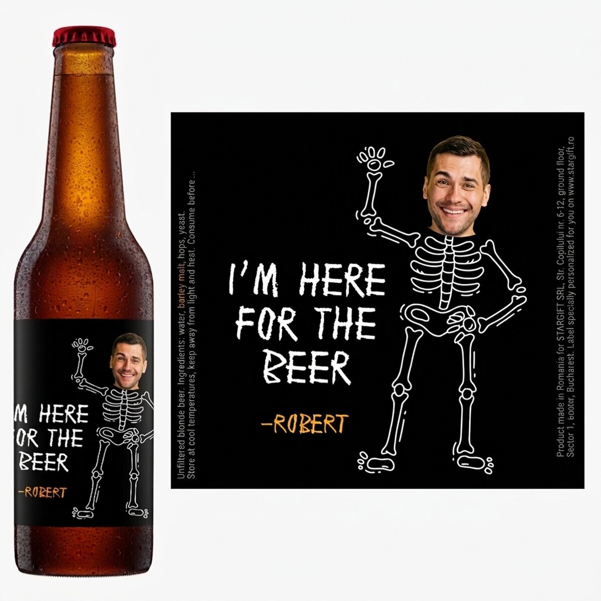Cerveza personalizada con una foto y un mensaje - Here for the beer