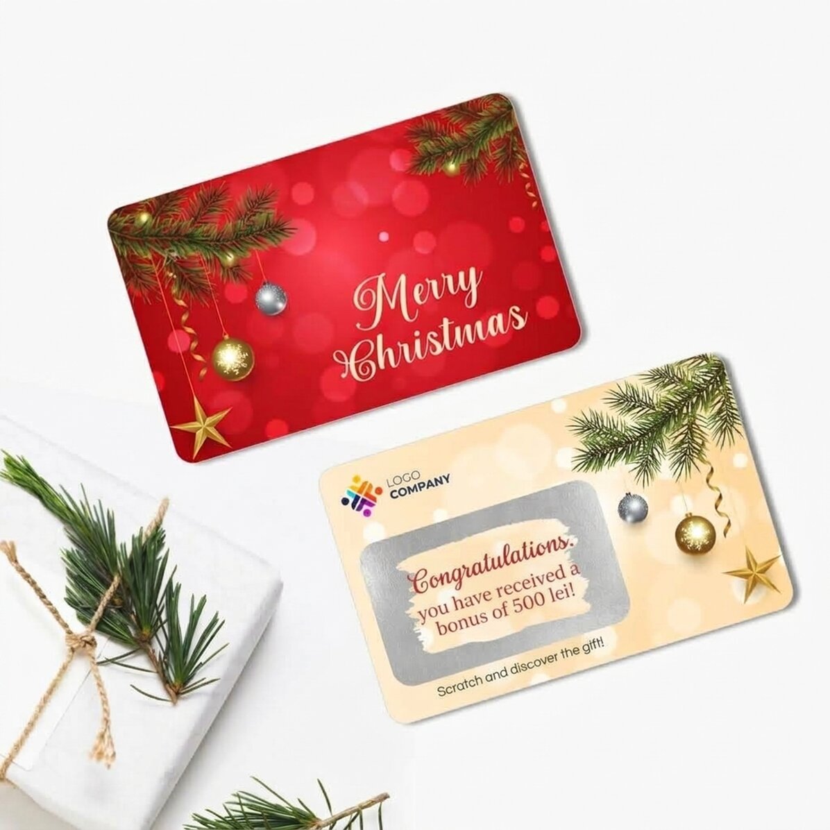 Tarjeta de aluminio rascable personalizada por ambas caras con mensaje y logotipo - Merry Christmas