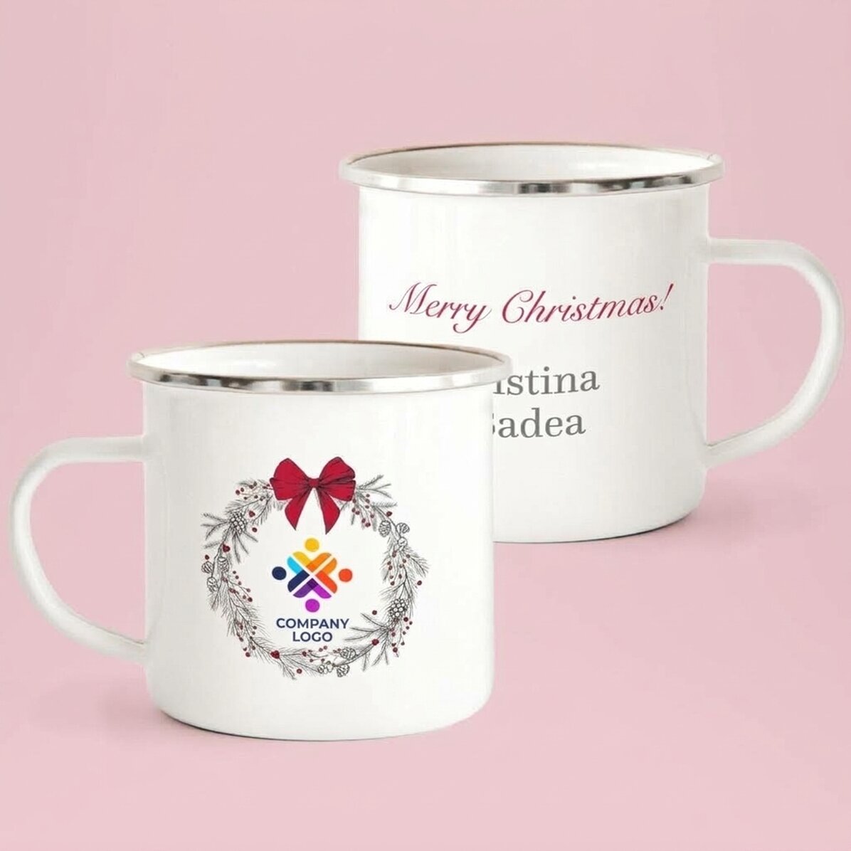 Taza metálica esmaltada con texto y logotipo: ¡Feliz Navidad!