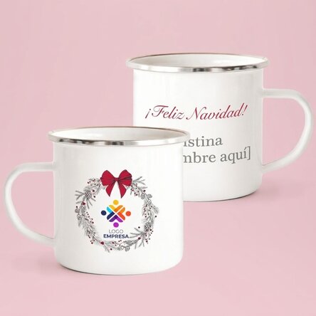 Taza metálica esmaltada con texto y logotipo: ¡Feliz Navidad!