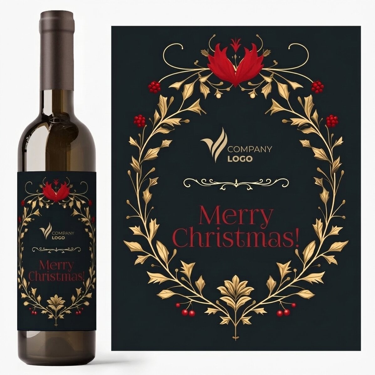 Vino personalizado con texto y logotipo: ¡Feliz Navidad!