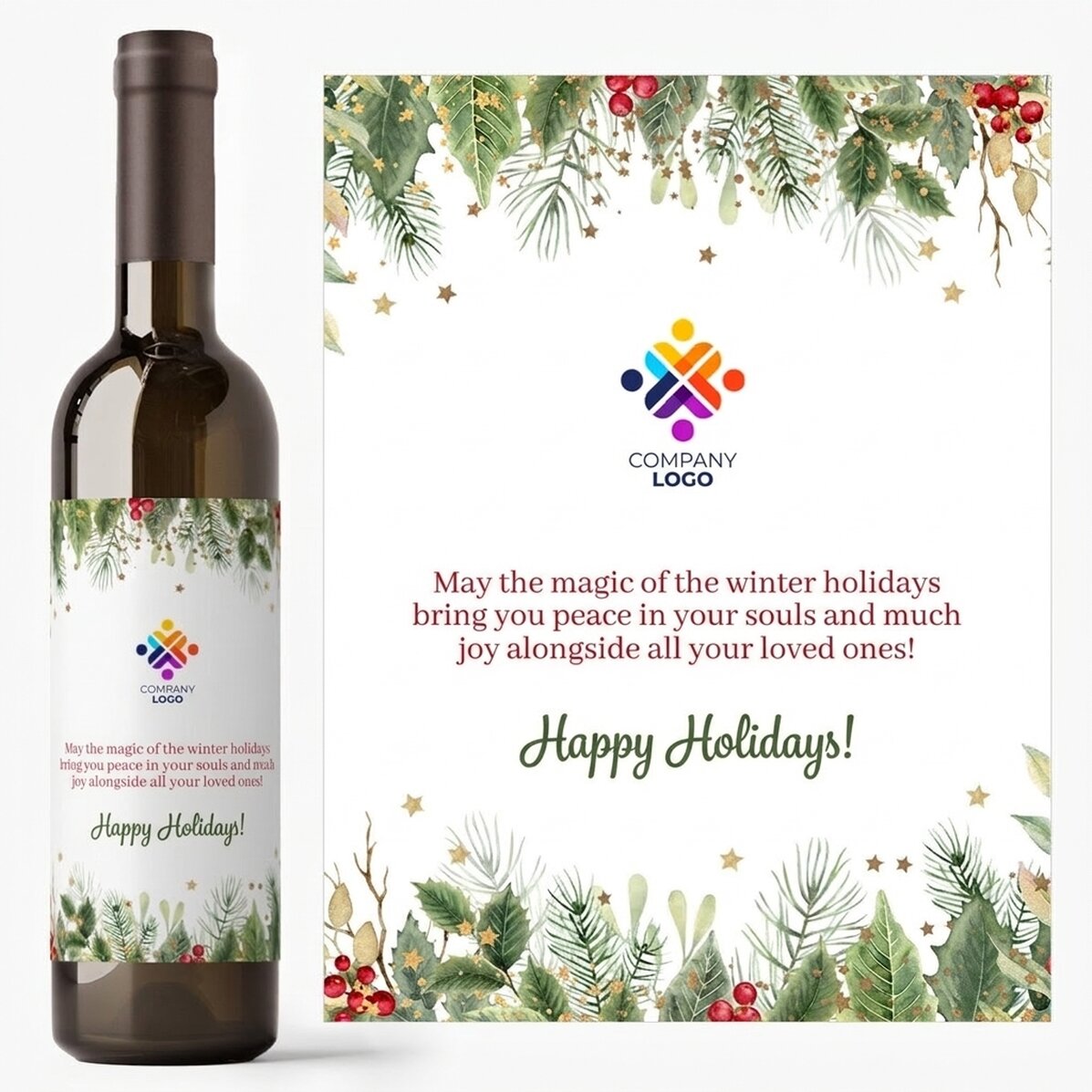Vino personalizado con texto y logotipo: ¡Felices fiestas!