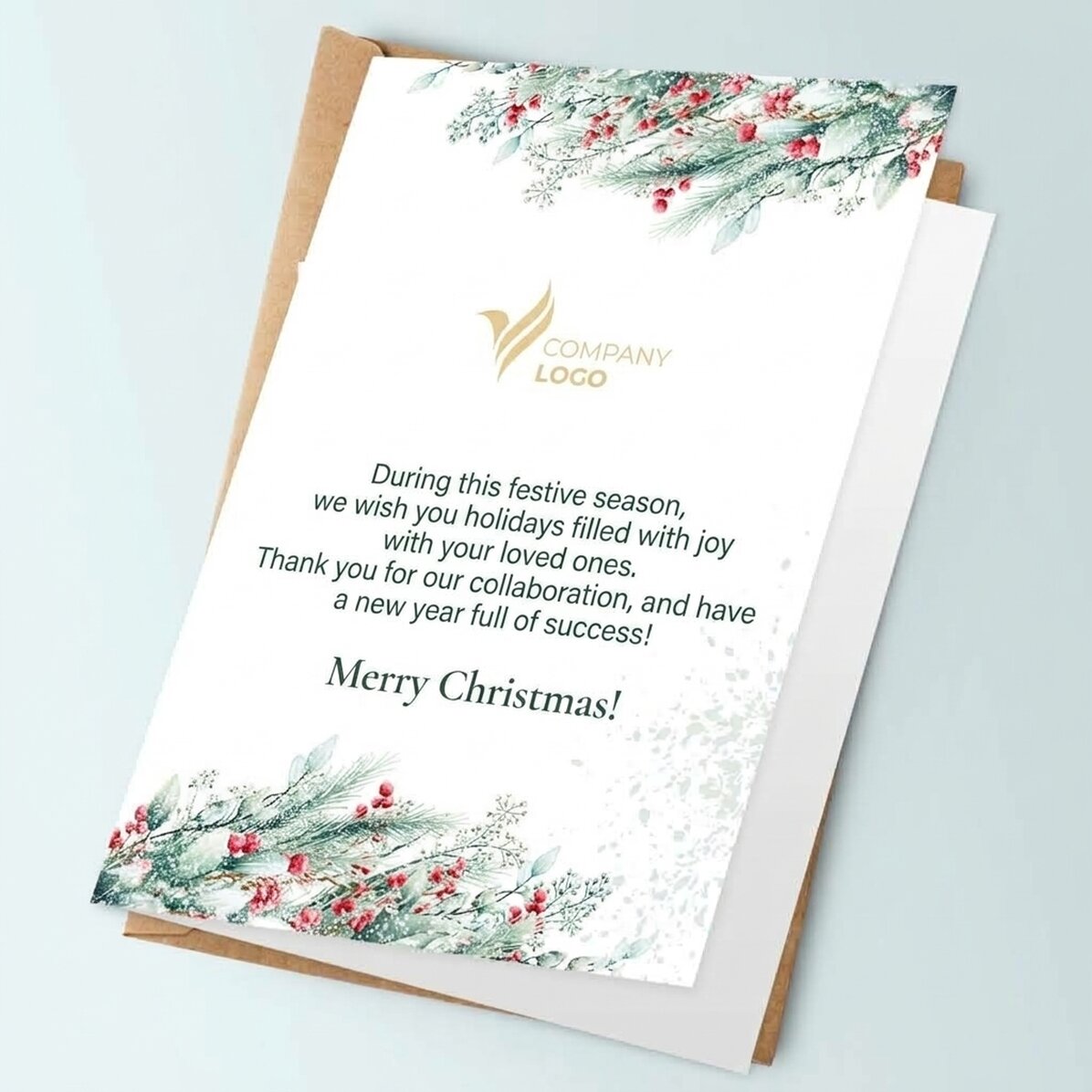Tarjeta de felicitación personalizada, anverso y reverso, con texto y logotipo: ¡Feliz Navidad!