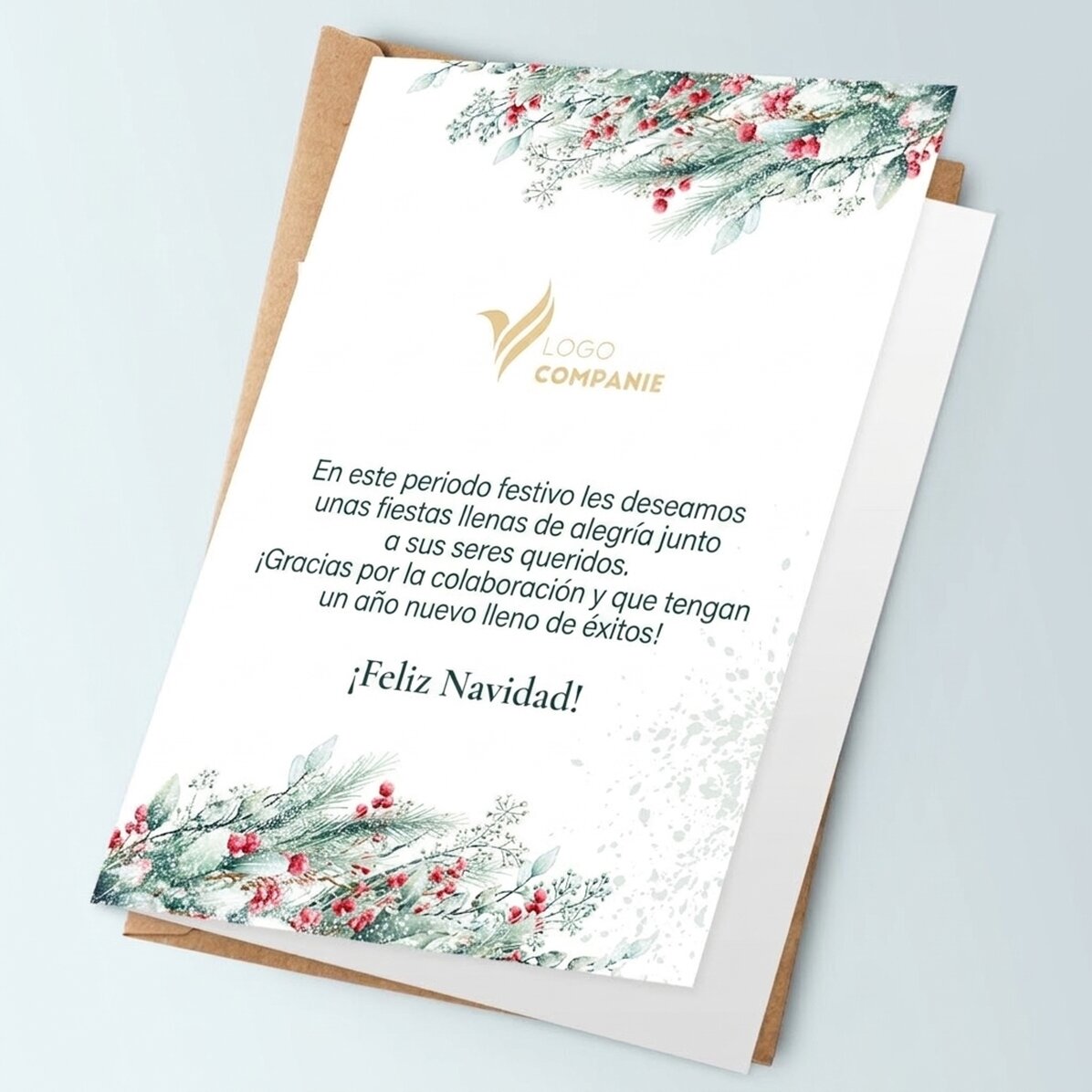 Tarjeta de felicitación personalizada, anverso y reverso, con texto y logotipo: ¡Feliz Navidad!