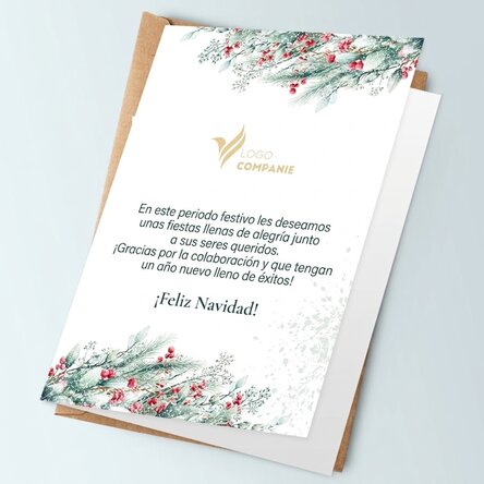 Tarjeta de felicitación personalizada, anverso y reverso, con texto y logotipo: ¡Feliz Navidad!