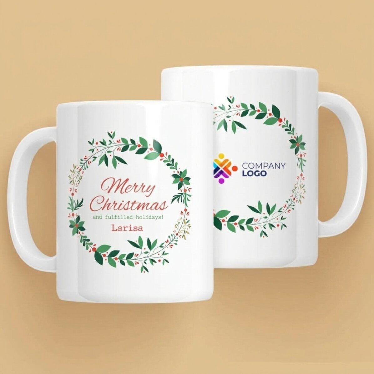 Taza personalizada con texto y logotipo - Coronas de Navidad
