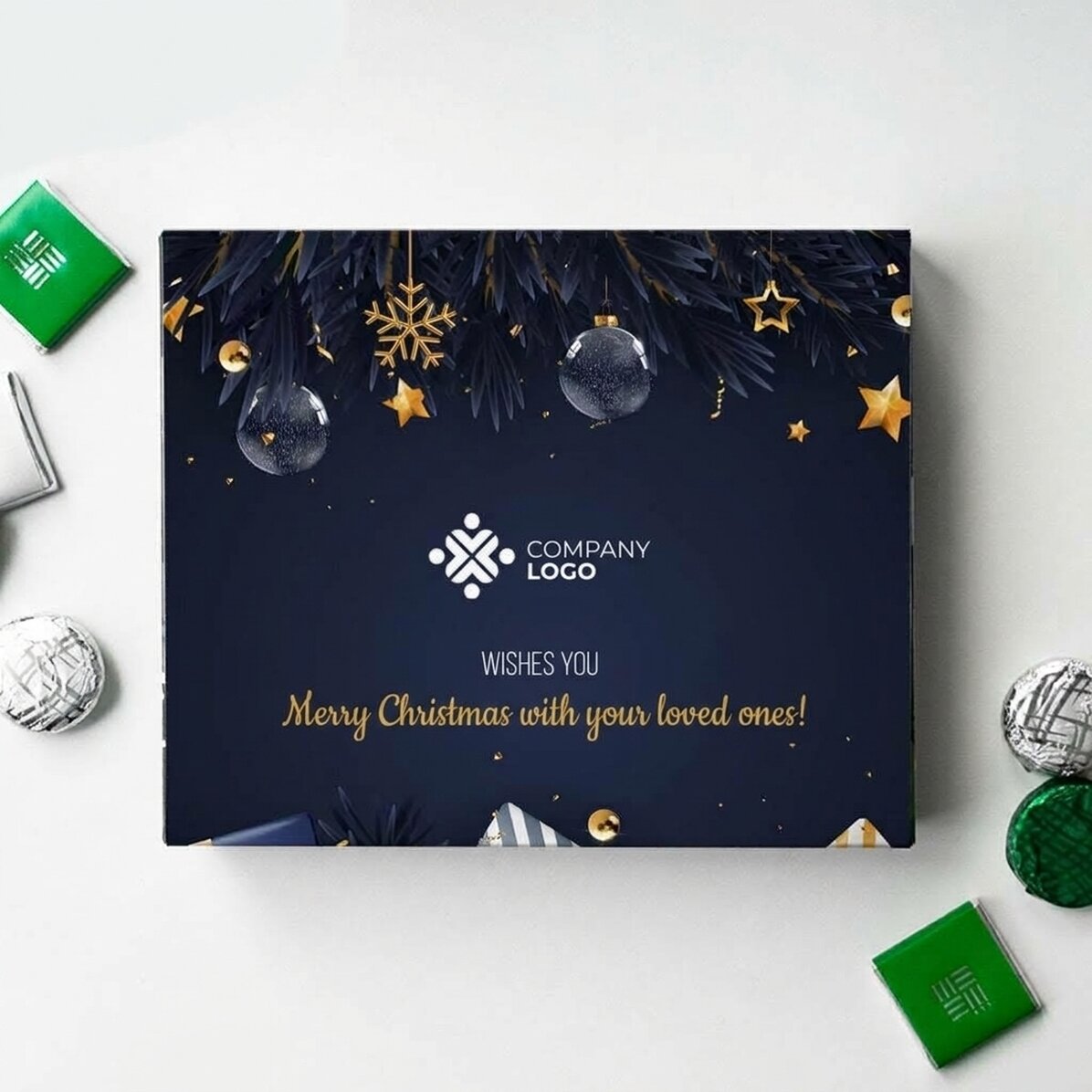 Caja de bombones personalizada con logotipo y mensaje: ¡Feliz Navidad!