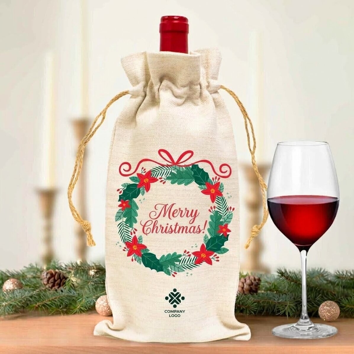 Bolsa personalizada para botella de vino con logotipo y mensaje: ¡Feliz Navidad!