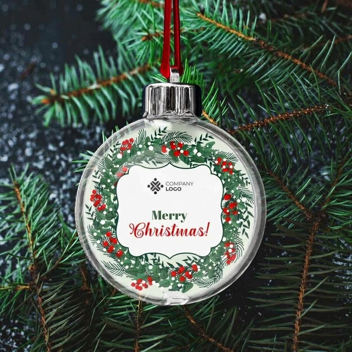 Bola de Navidad personalizada con logotipo y mensaje: ¡Feliz Navidad!