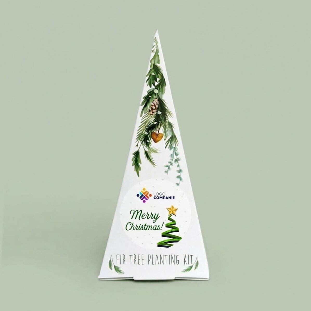 Kit para plantar un abeto personalizado con logotipo y mensaje: «Feliz Navidad»