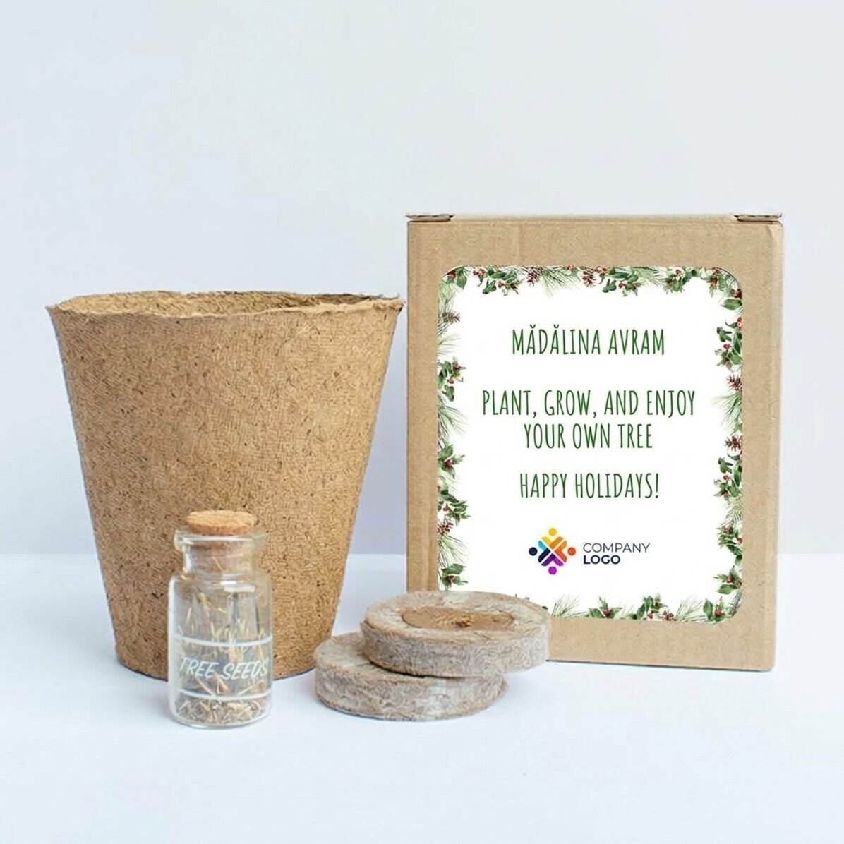 Kit para plantar semillas de abeto en una cajita personalizada con logotipo y mensaje - Crengute
