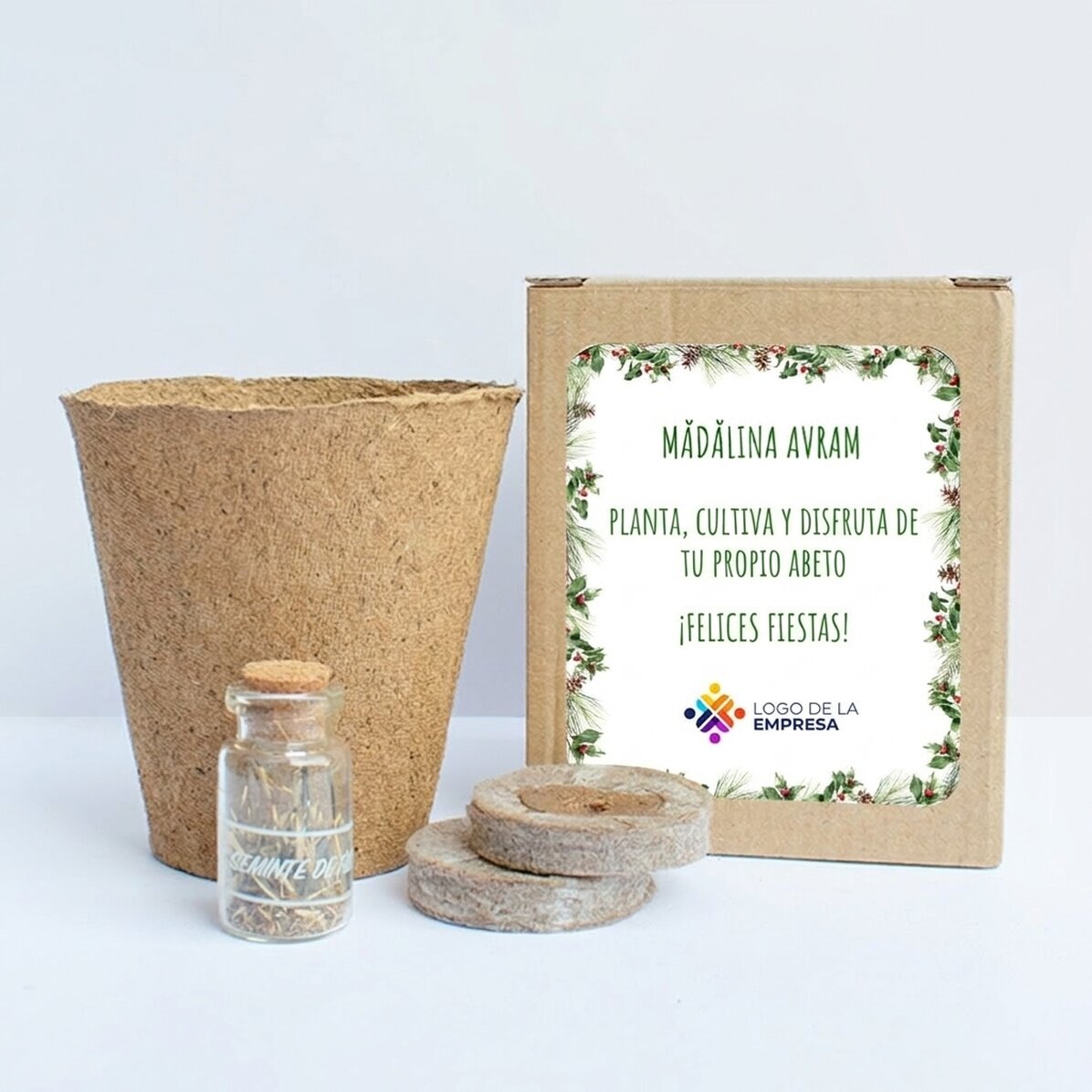 Kit para plantar semillas de abeto en una cajita personalizada con logotipo y mensaje - Crengute