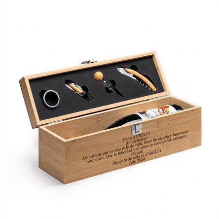 Caja de vino de bambú con accesorios