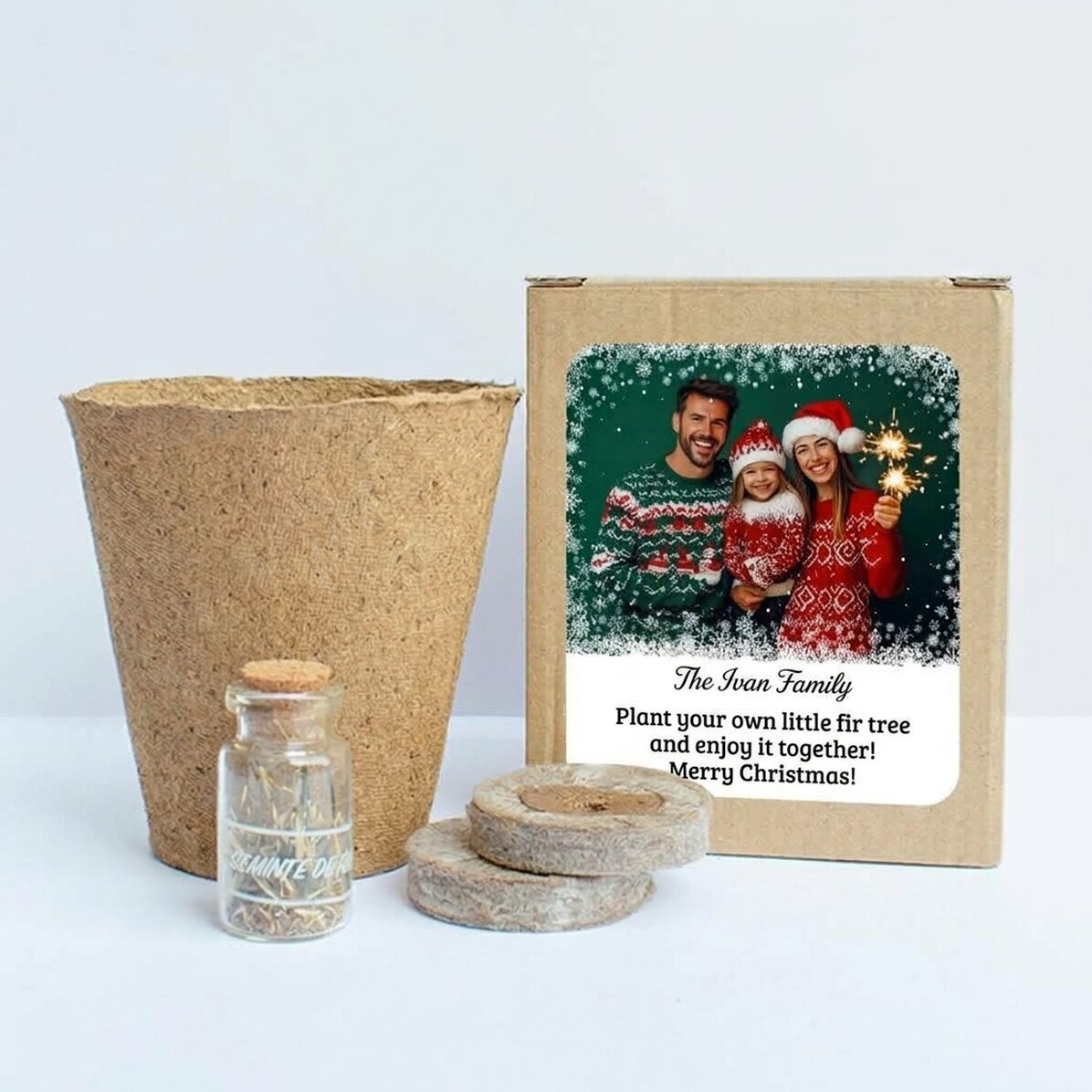 Kit para plantar semillas de abeto en una cajita personalizada con una foto y un texto - Snowflakes